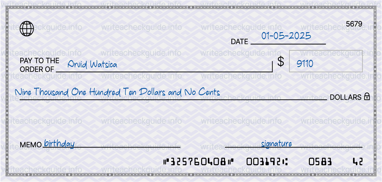 Filled check for 9110 dollars payable to Arvid Watsica on 01-05-2025