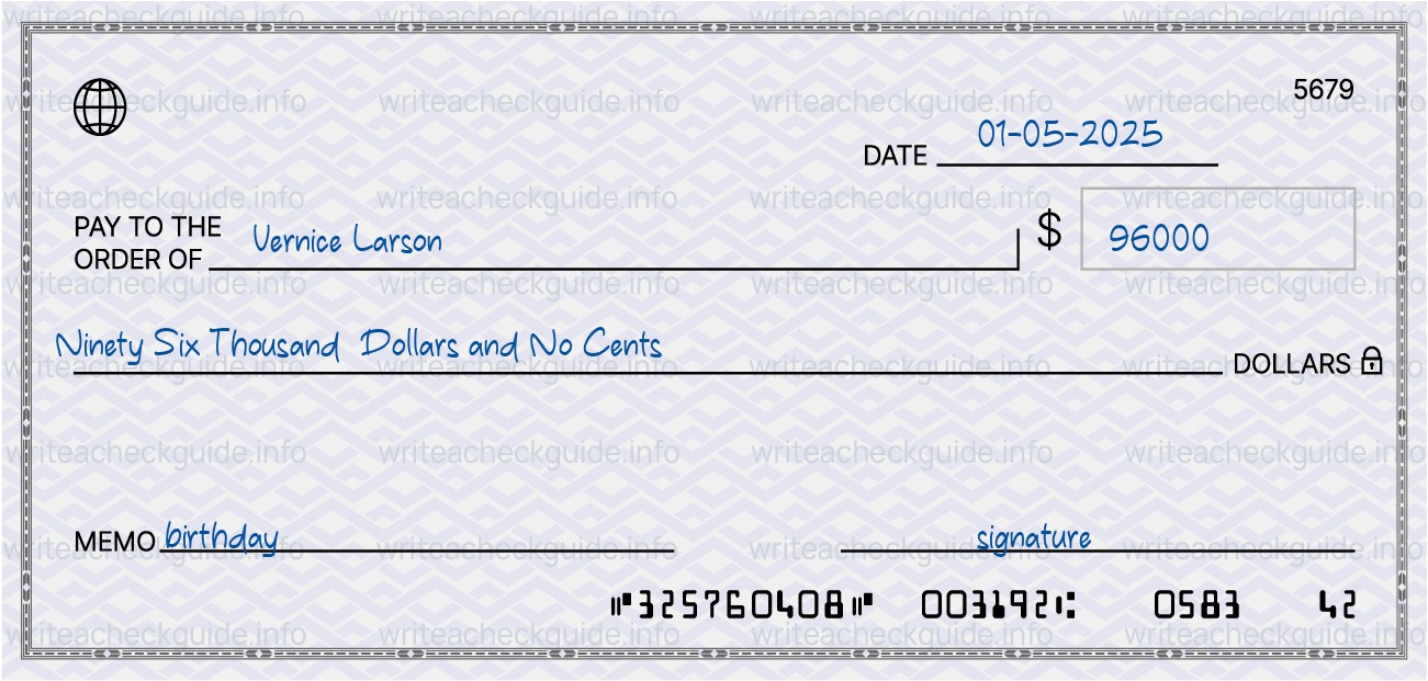 Filled check for 96000 dollars payable to Vernice Larson on 01-05-2025