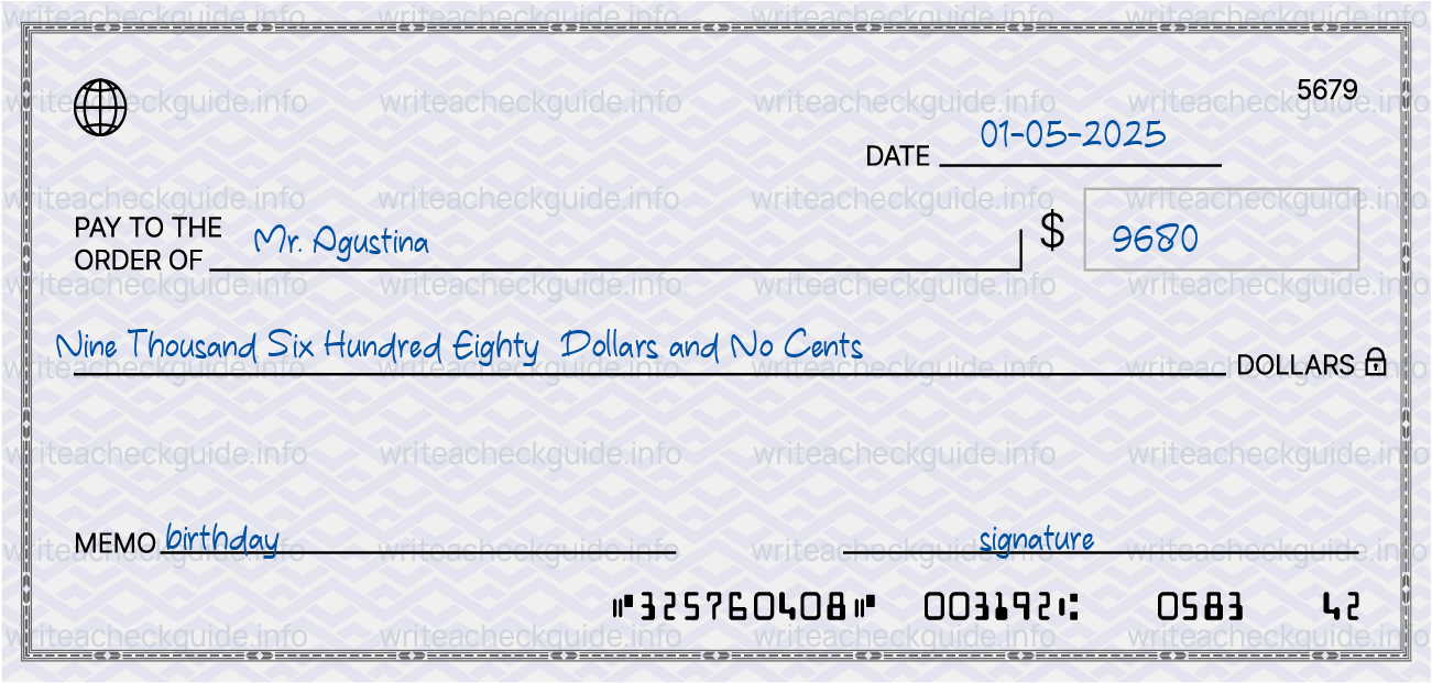 Filled check for 9680 dollars payable to Mr. Agustina on 01-05-2025