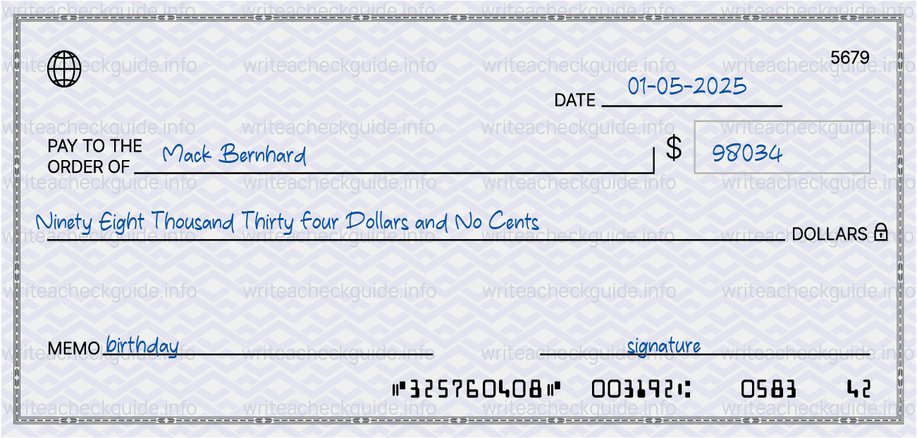 Filled check for 98034 dollars payable to Mack Bernhard on 01-05-2025