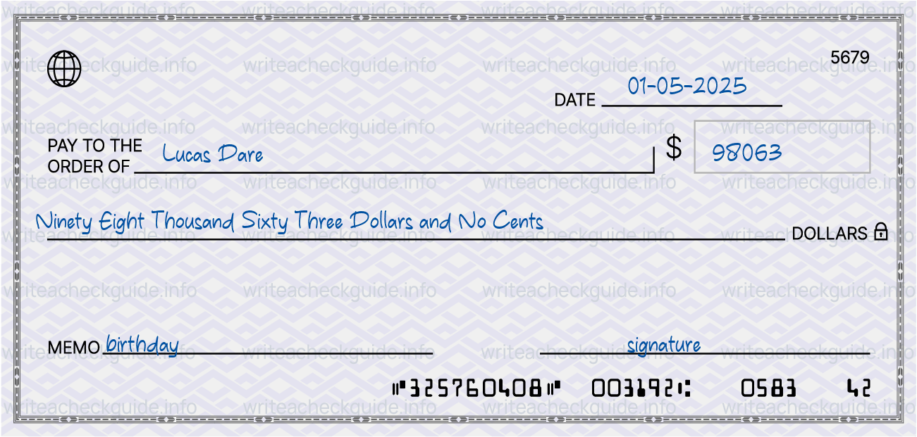 Filled check for 98063 dollars payable to Lucas Dare on 01-05-2025